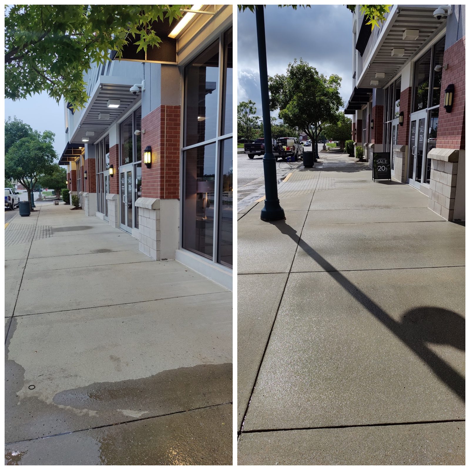A commercial building front before and after a Soda City wash