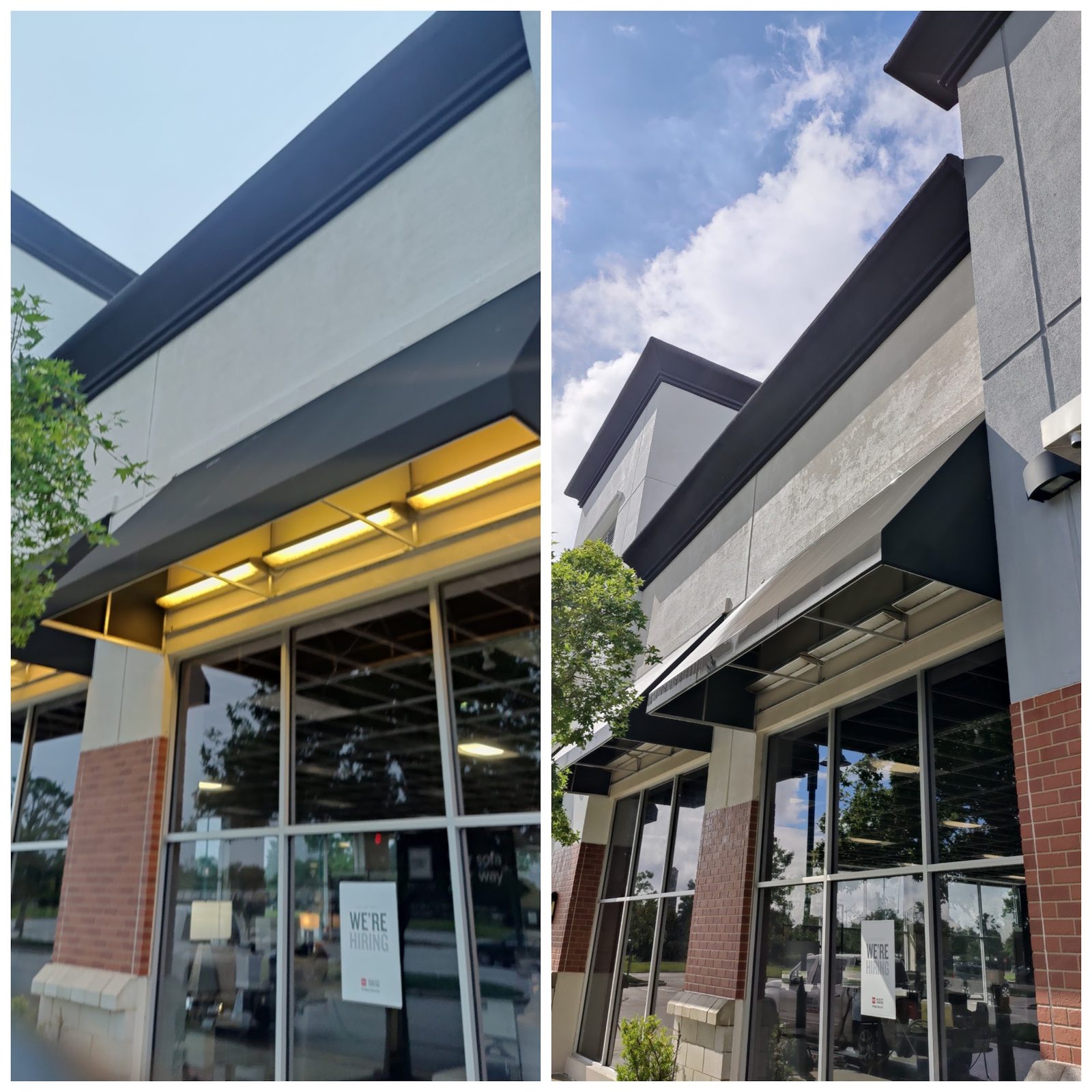 A commercial building front before and after a Soda City wash