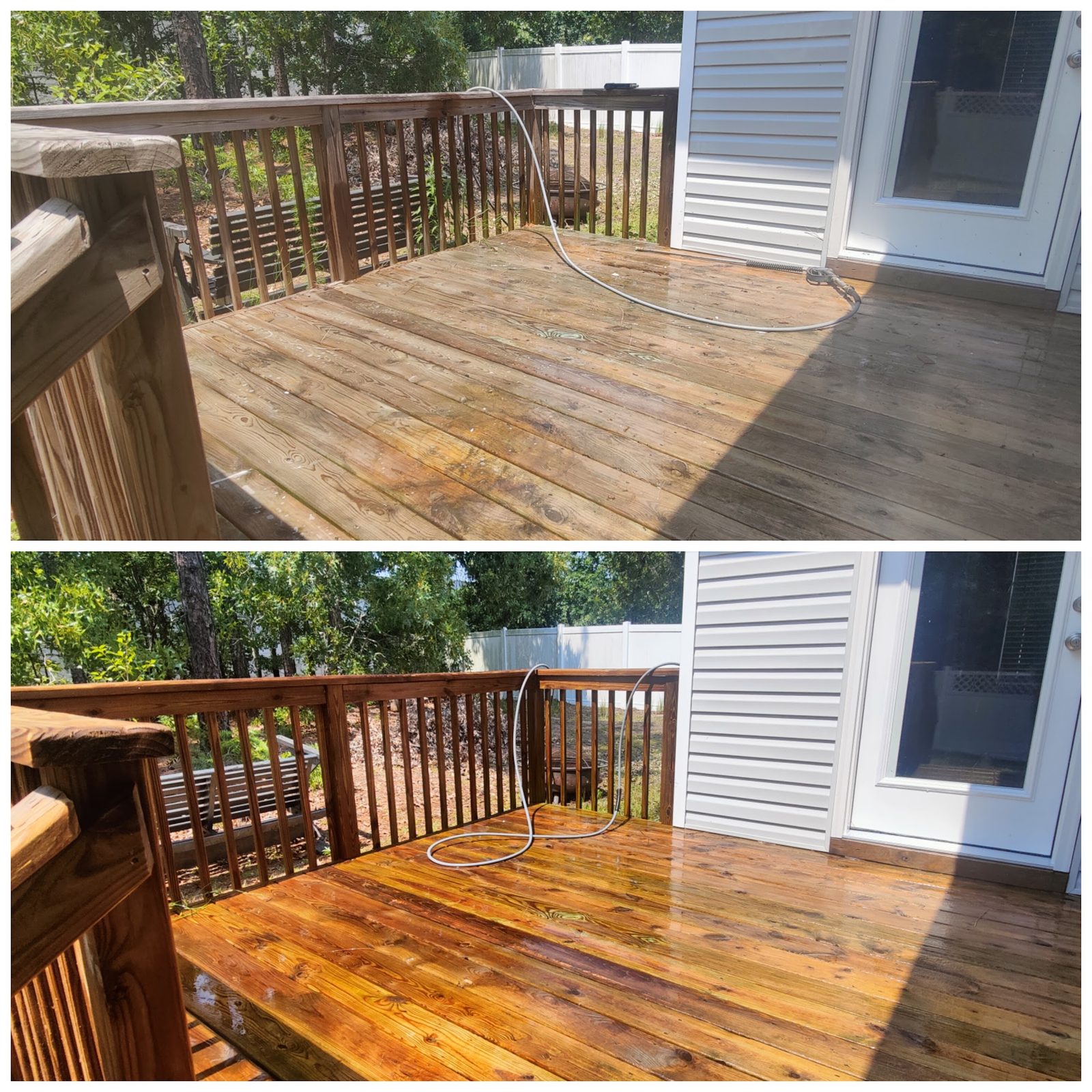 A wood deck or fence before and after a Soda City clean and brighten