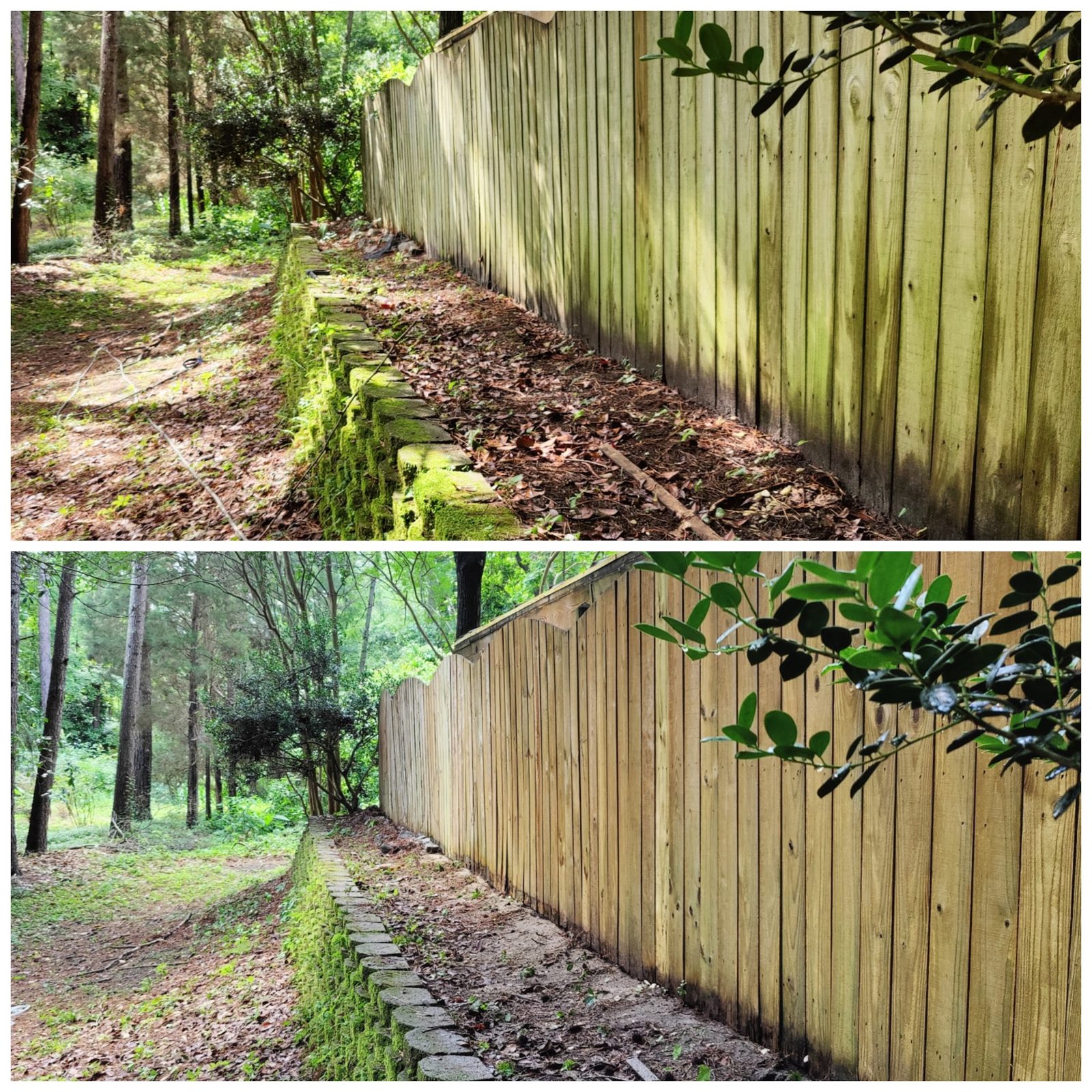A wood deck or fence before and after a Soda City clean and brighten