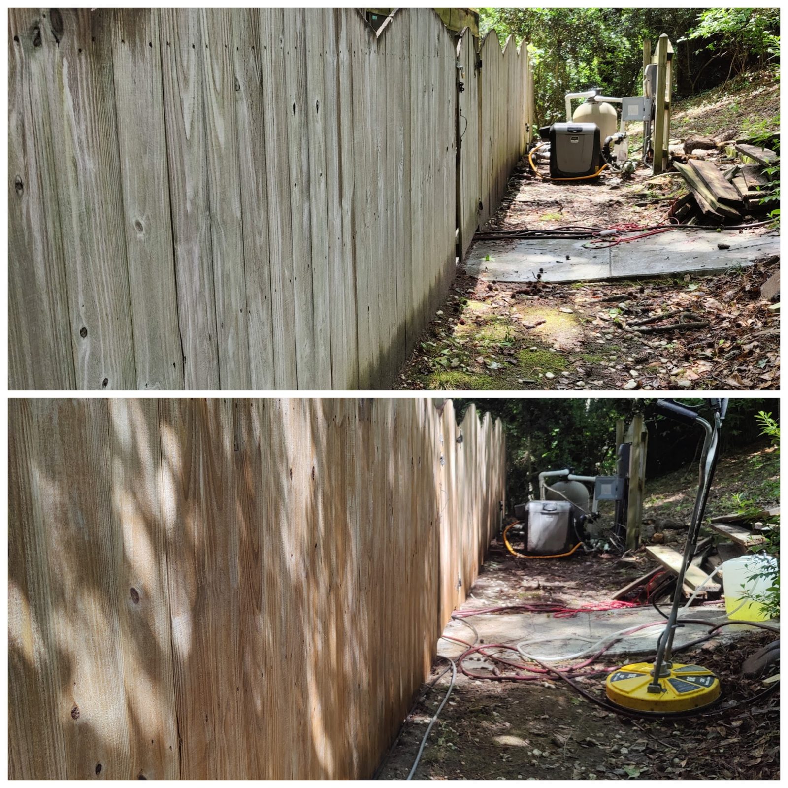 A wood deck or fence before and after a Soda City clean and brighten