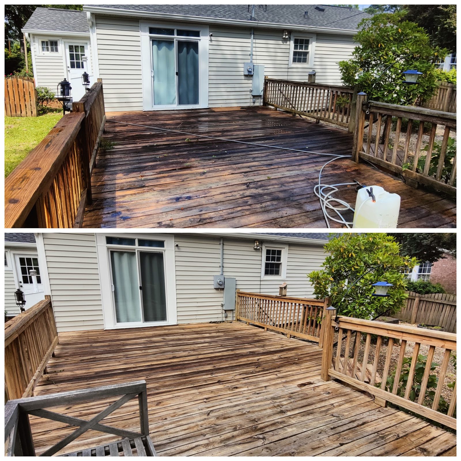 A wood deck or fence before and after a Soda City clean and brighten