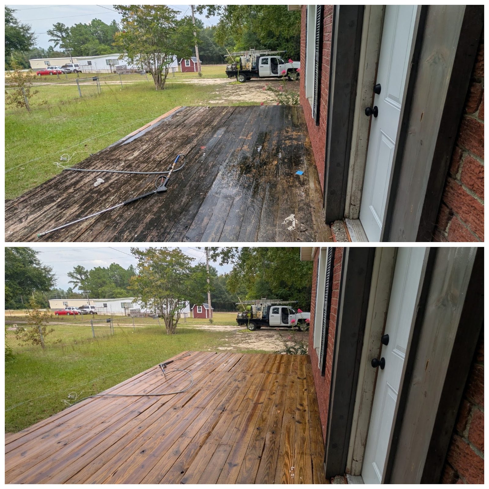 A wood deck or fence before and after a Soda City clean and brighten