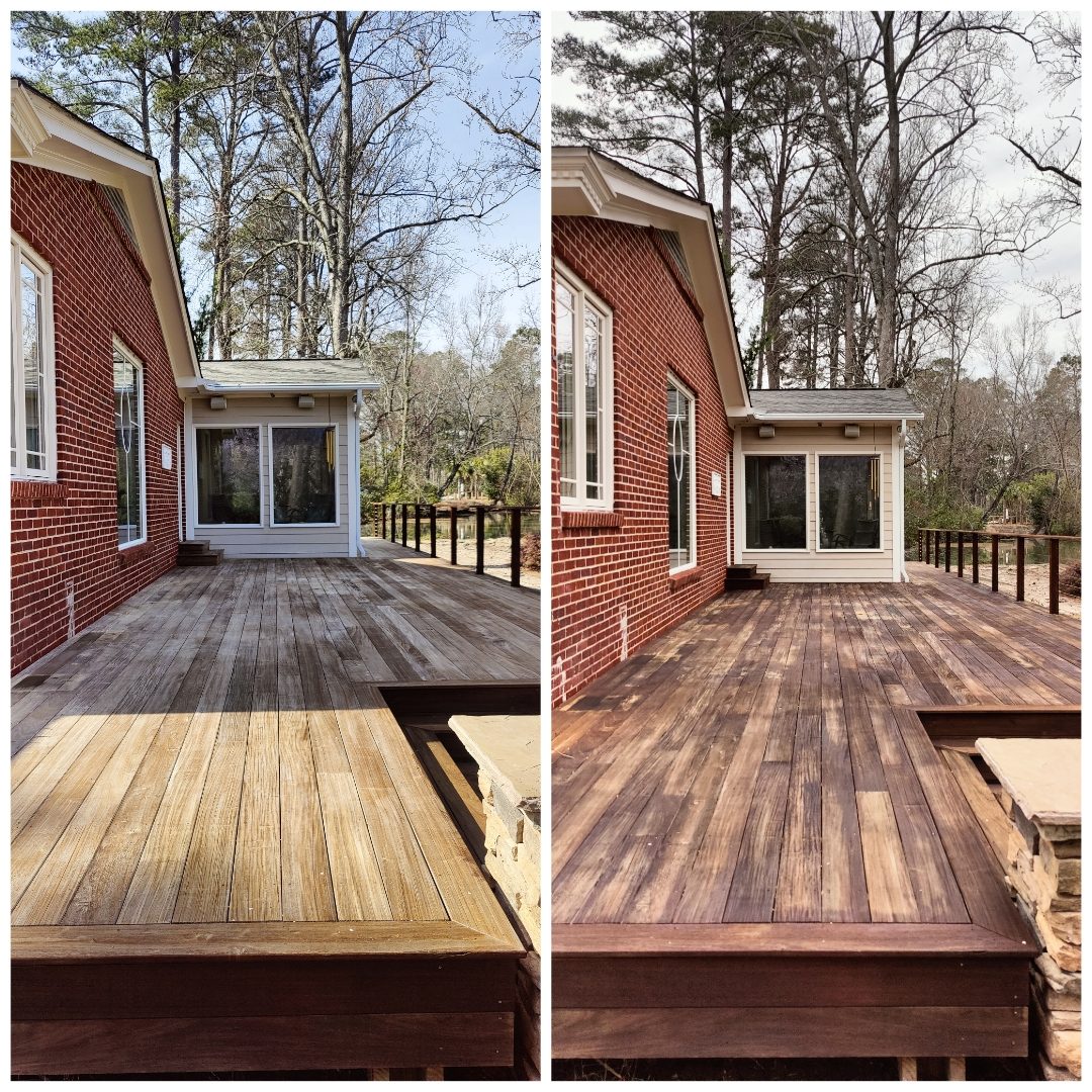 A wood deck or fence before and after a Soda City clean and brighten