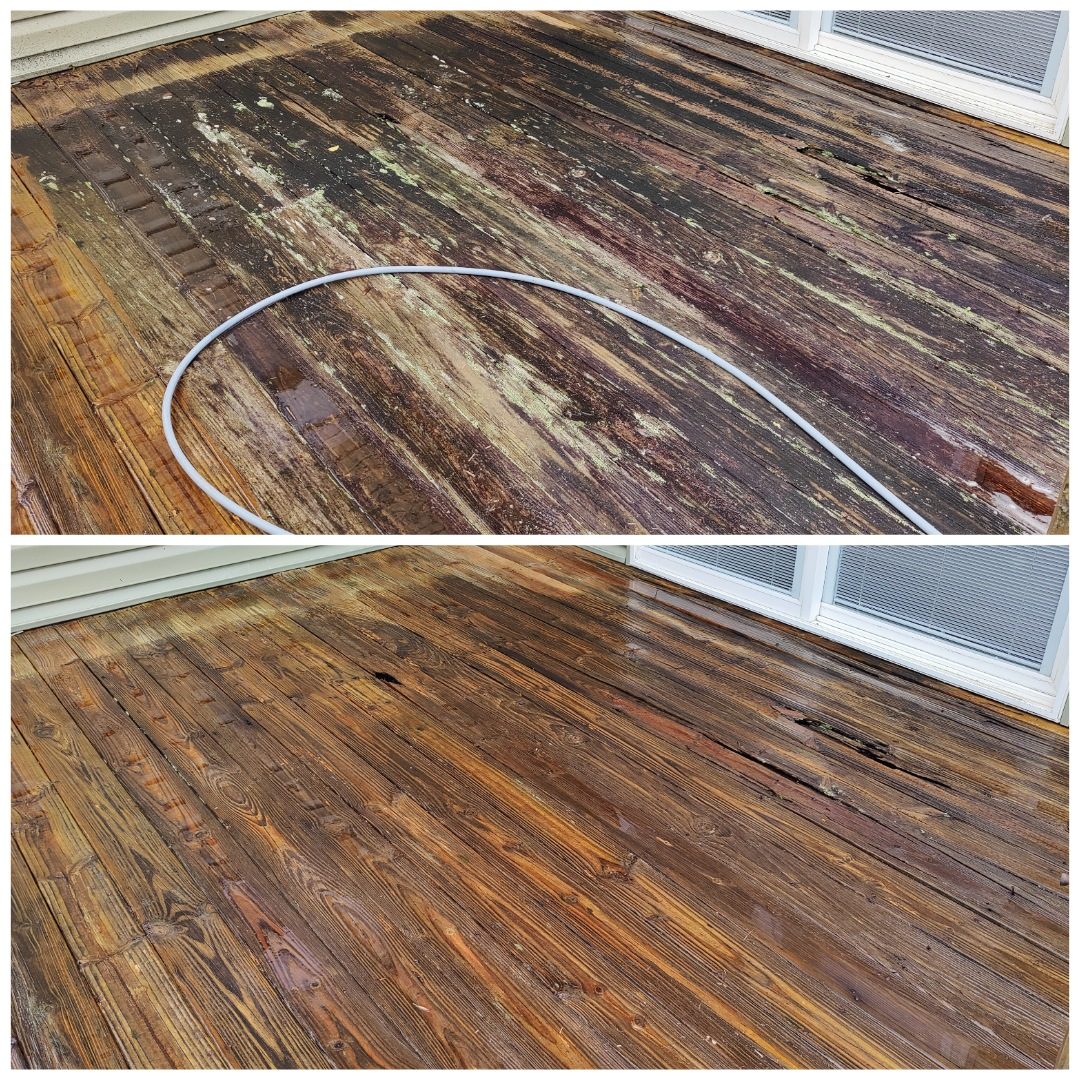 A wood deck or fence before and after a Soda City clean and brighten