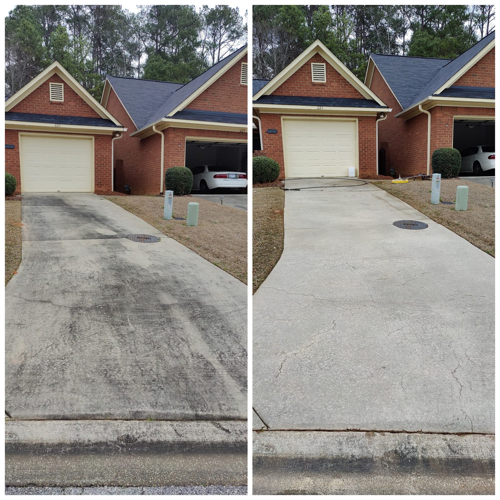 A concrete driveway before and after a Soda City surface clean