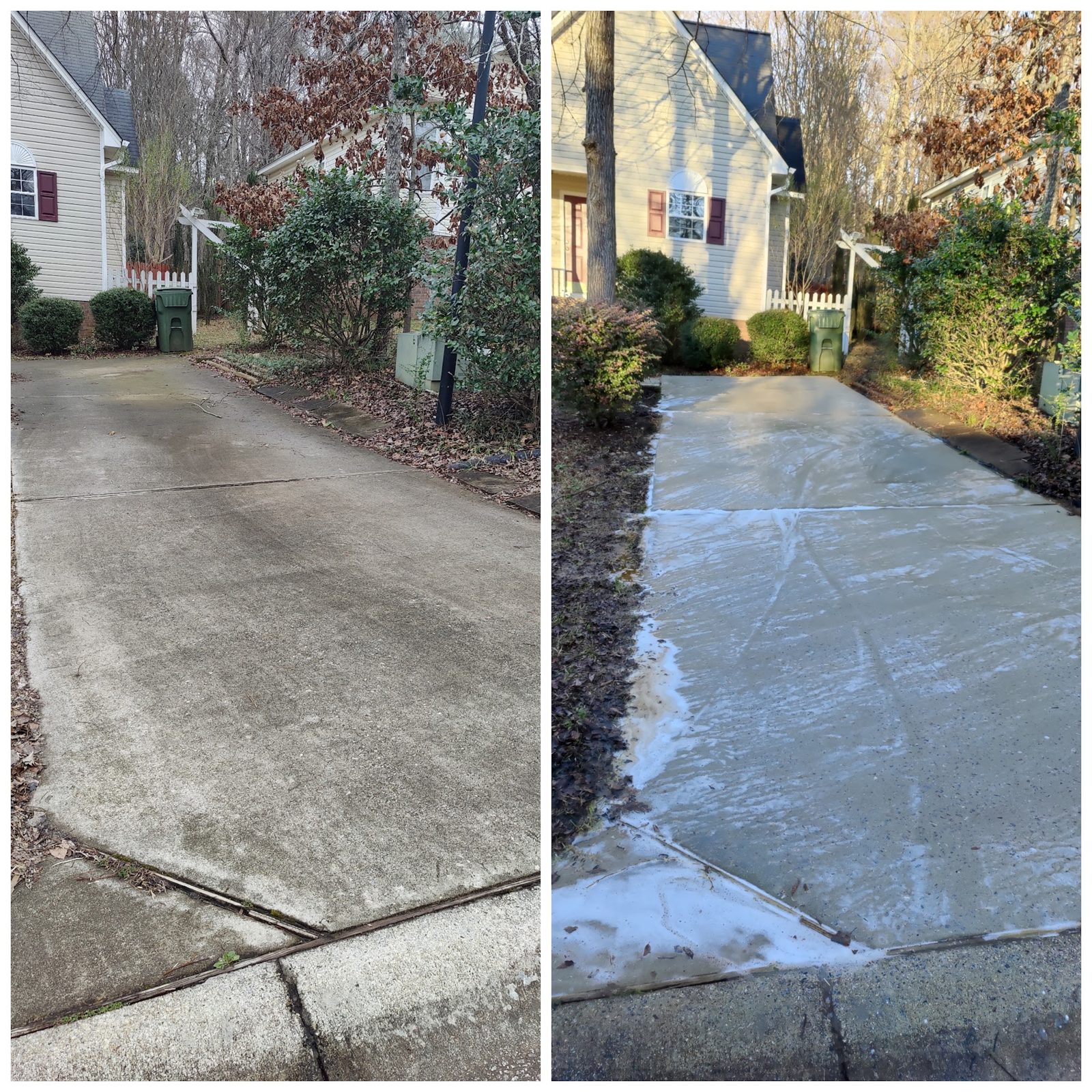 A concrete driveway before and after a Soda City surface clean