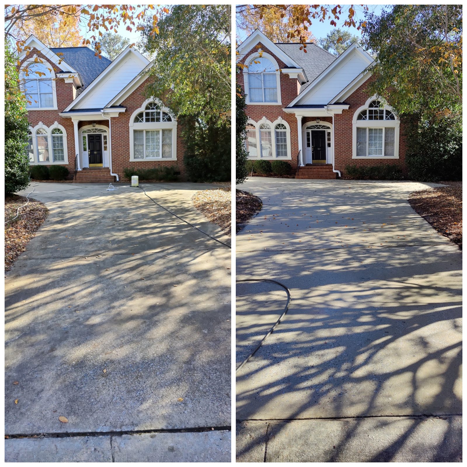 A concrete driveway before and after a Soda City surface clean