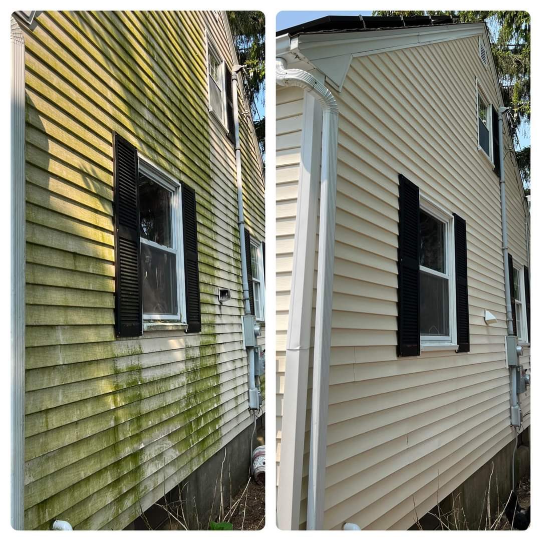 Siding before and after on a Soda City house wash