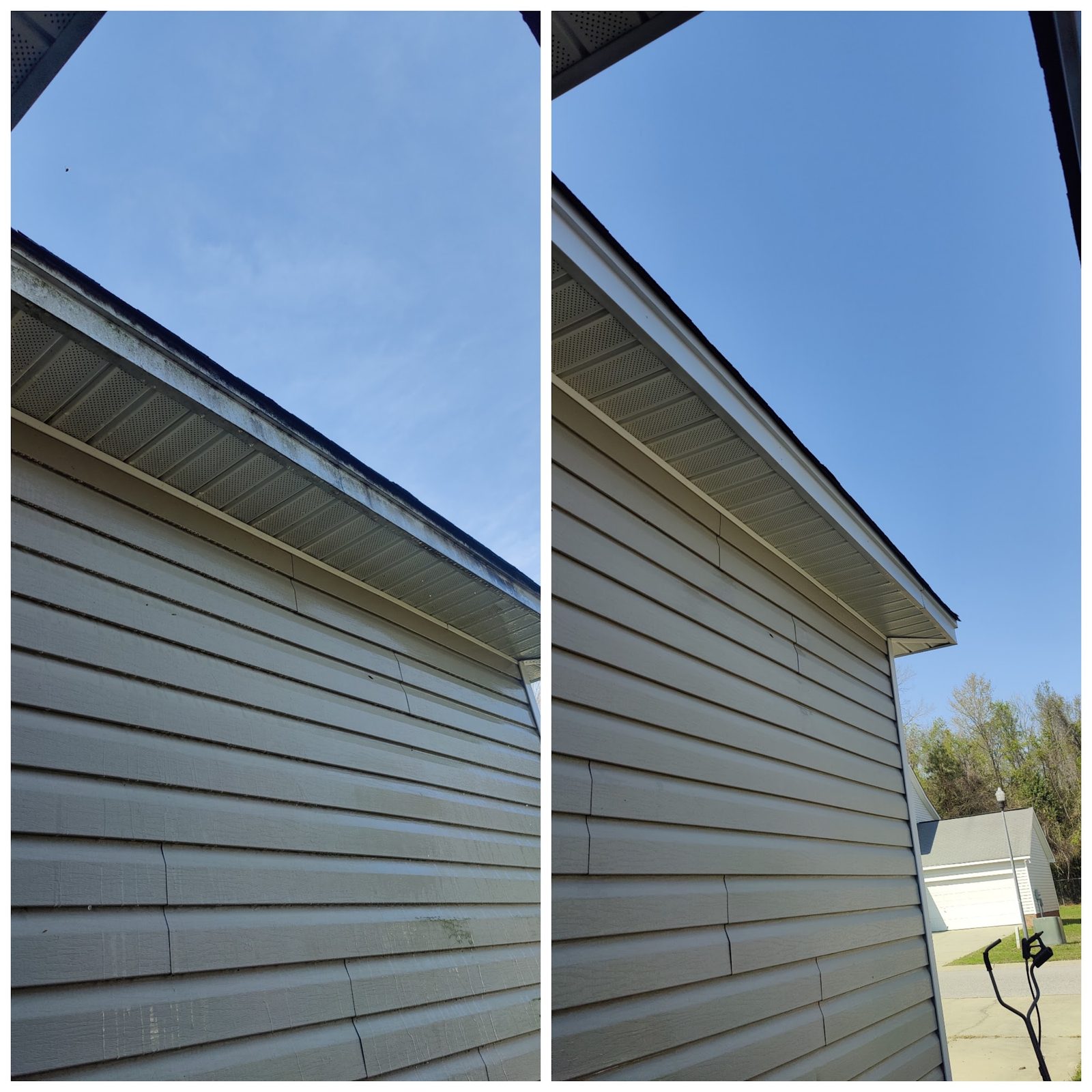 Siding before and after on a Soda City house wash