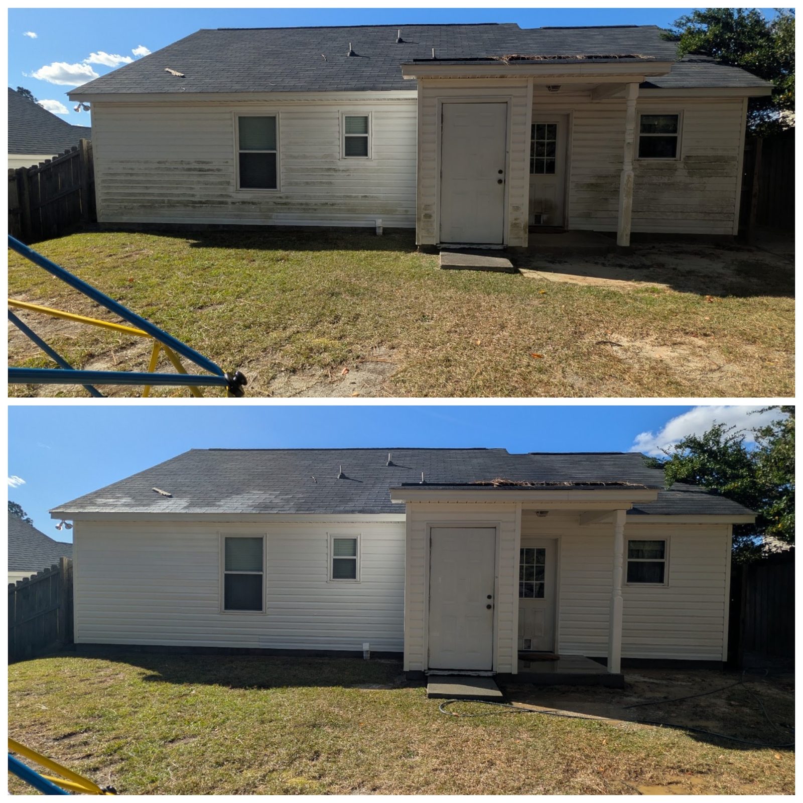 Siding before and after on a Soda City house wash
