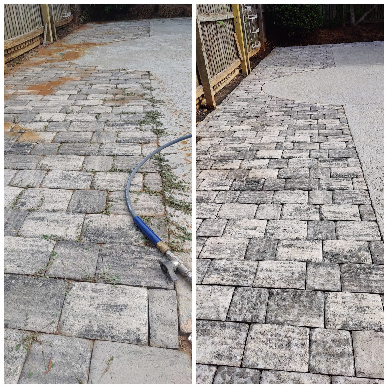 Pavers and concrete cleaned and ready for sealing, a Soda City job