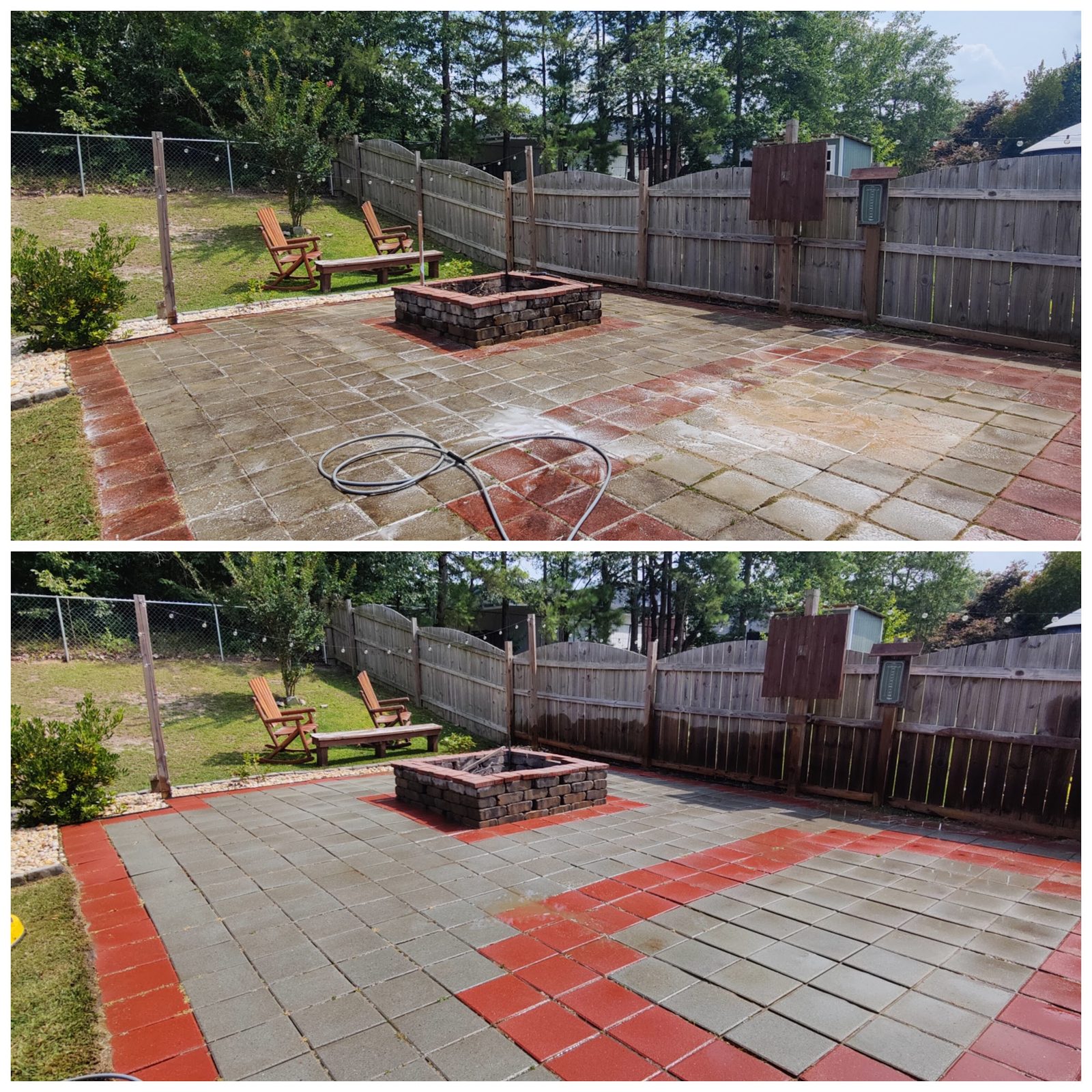 Pavers and concrete cleaned and ready for sealing, a Soda City job