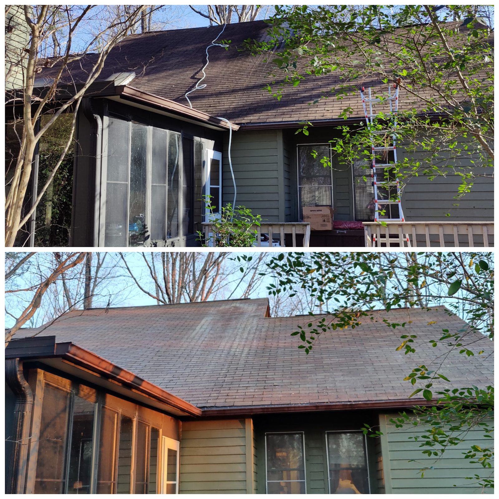 A shingle roof before and after a Soda City soft wash, black streaks gone