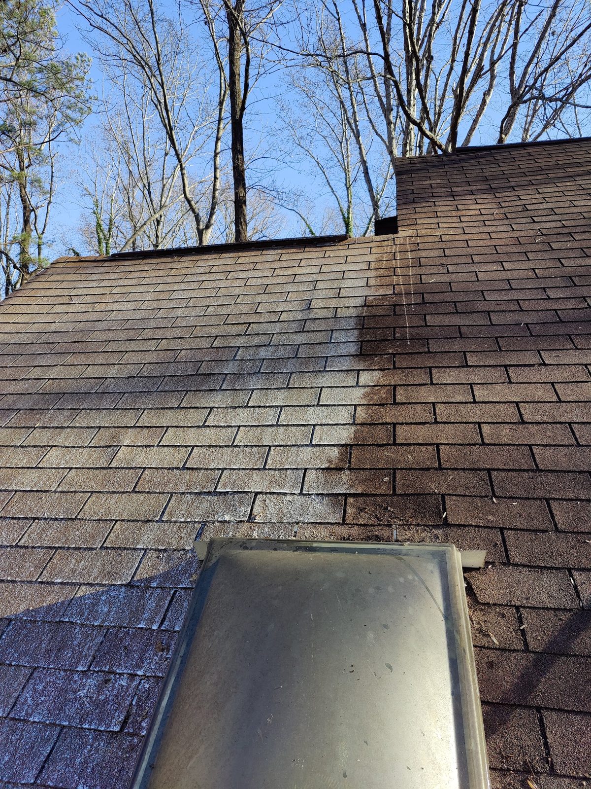 A shingle roof before and after a Soda City soft wash, black streaks gone