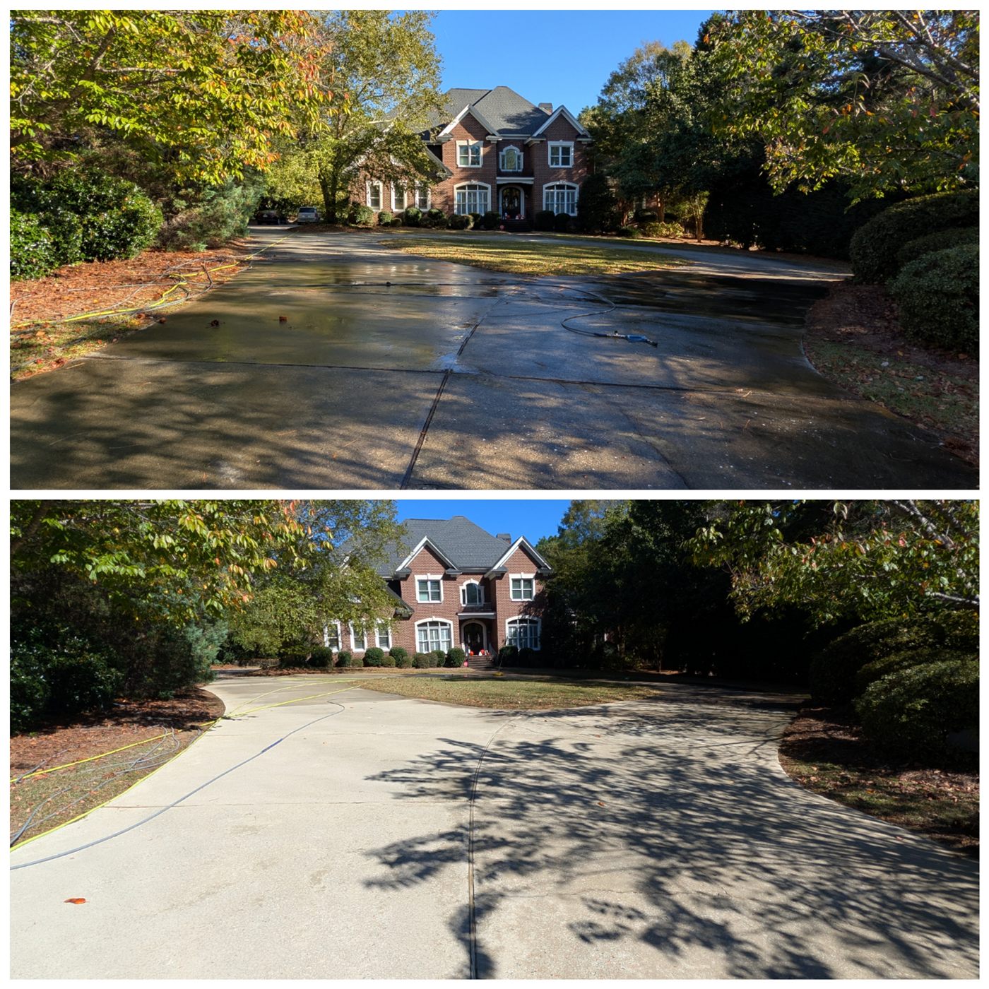 Long concrete driveway in front of a brick house, dark and streaked before and bright after